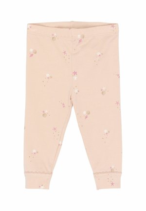 Svetloružové legíny z mäkkej látky, s potlačou mušlí a hviezd v bielej, ružovej a zlatej farbe, s čipkovým lemom pri členkoch.