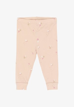 Svijetloružičaste helanke od mekanog tkanja, s printom školjki i zvjezdica u bijeloj, ružičastoj i zlatnoj boji, s čipkastim rubom na gležnjevima.