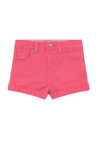 Růžové džíny šortky s ohrnutými lemy, které mají přední kapsy, malou kapsičku na mince a stříbrné knoflíkové kování. Standardní střih a čistý design.