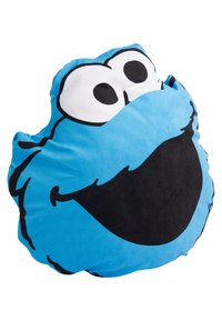Cuscino in peluche blu a forma di personaggio dei cartoni animati, con grandi occhi neri e una bocca nera grande, caratterizzato da una texture liscia e bordi arrotondati.
