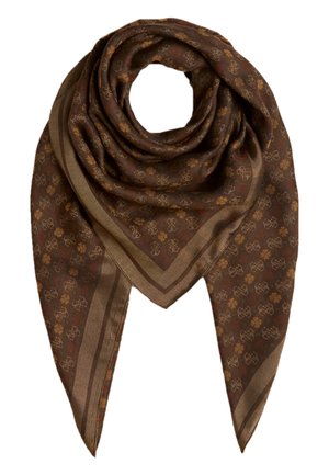 Brązowy trójkątny szalik z beżowymi paskami wzdłuż krawędzi i małymi, powtarzającymi się kwiatowymi wzorami na całej tkaninie.