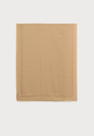 Beige rechthoekige sjaal met een subtiel herhalend patroon en een lichte rand, plat gelegd met licht gefronste randen.