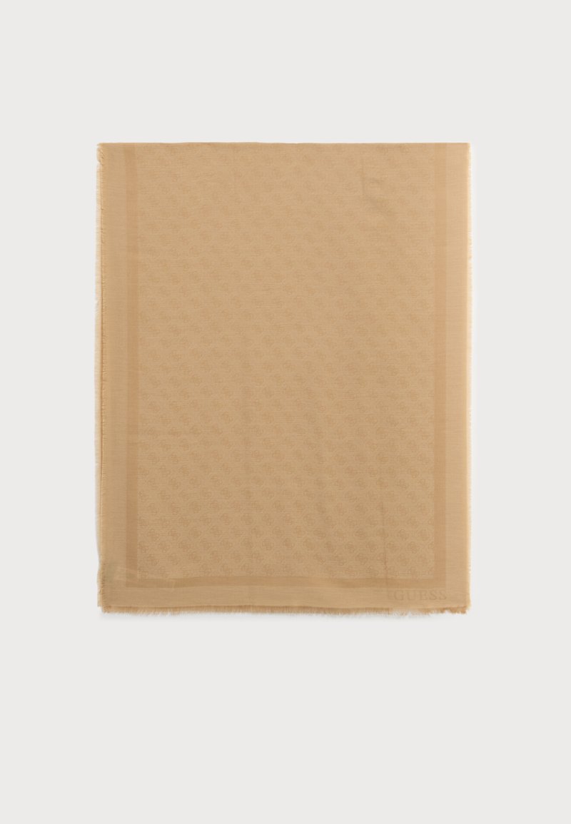 Écharpe rectangulaire beige avec un motif répétitif subtil et une bordure légère, posée à plat avec des bords légèrement effilochés.