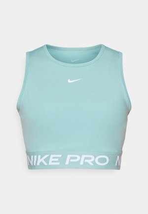 Mintgrønn kort topp med rund hals og bred elastisk kant med "NIKE PRO" i hvit tekst. Laget av glatt, stretchy stoff.