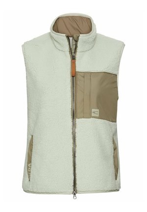 Fleece vest in lichtgroen met een hoge kraag, ritssluiting aan de voorkant en tan kleurige zakaccenten. Het heeft een zachte textuur en zijzakken.