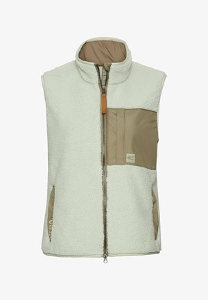 Fleece-Weste in Hellgrün mit hohem Kragen, Reißverschluss vorne und beigefarbenen Taschenakzenten. Sie zeichnet sich durch eine weiche Textur und Seitentaschen aus.