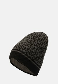 Bonnet en tricot noir et gris avec un motif répétitif en "A" et un revers en côtes noir uni à la base, présenté sur fond blanc.