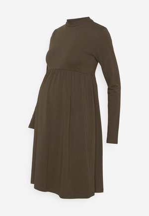 Long-sleeve dress in dark brown, made of soft fabric, featuring a high neckline and a loose, gathered waist for comfort.