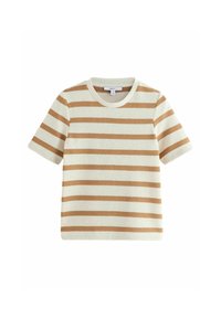 Gestreiftes T-Shirt mit kurzen Ärmeln in Creme mit dünnen braunen Streifen, runder Ausschnitt, weicher Textur und lockerer Passform. Verfügt über ein Etikett am Kragen.