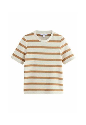 Gestreiftes T-Shirt mit kurzen Ärmeln in Creme mit dünnen braunen Streifen, runder Ausschnitt, weicher Textur und lockerer Passform. Verfügt über ein Etikett am Kragen.