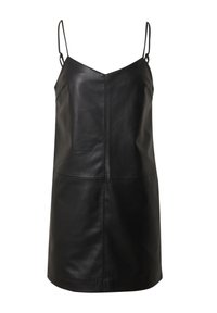 Robe en cuir noir sans manches avec bretelles spaghetti ajustables, décolleté en V et silhouette ajustée, dotée d'une texture lisse et d'un minimum de matériel.