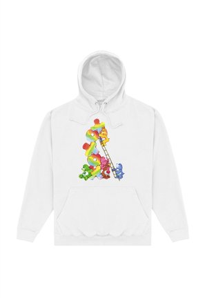 Biała bluza z kapturem z dynamiczną grafiką kolorowych figur w kształcie niedźwiedzi wspinających się po drabinie, z wplecionym w design zabawnym tekstem.