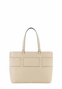 Borsa a tote in pelle beige con doppi manici corti, due grandi tasche frontali e design minimalista. Texture liscia, cuciture sottili come dettaglio.