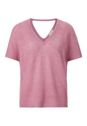 Pull à manches courtes, en V, en tricot rose clair. Présente un détail de dos ouvert et un motif de tissage texturé. Coupe décontractée, design léger.