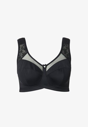Schwarzer BH mit durchsichtigen Mesh-Einsätzen und Spitzenakzenten. Verfügt über ein strukturiertes Design, breite Träger und eine dekorative vordere Schleife.
