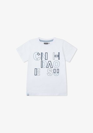 Camiseta blanca de manga corta para niños con letras dispersas en azul y gris que forman la palabra "CANADHOUSE" en el frente.