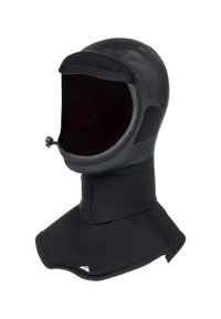 Black neoprene hood with a fitted design, smooth outer texture, and a wide, contoured collar. Features an adjustable drawstring at the neck.