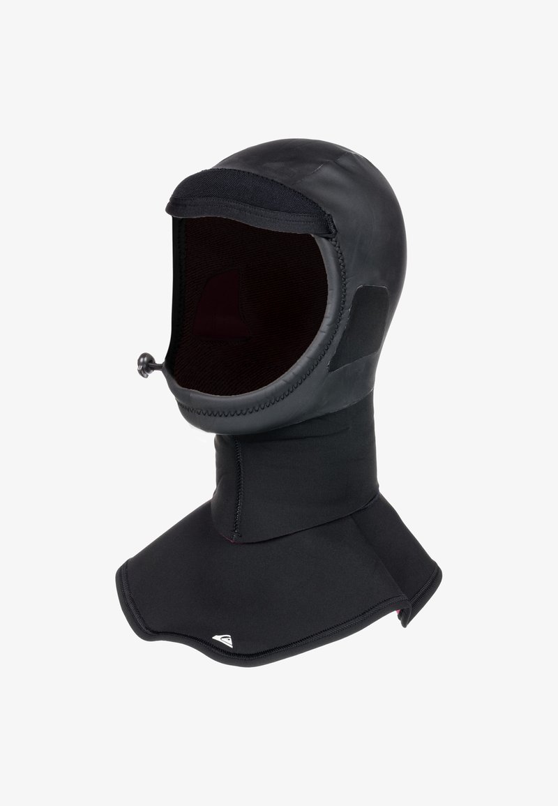 Black neoprene hood with a fitted design, smooth outer texture, and a wide, contoured collar. Features an adjustable drawstring at the neck.
