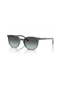 Occhiali da sole con gradiente grigio e blu, forma della lente rotonda, montatura trasparente e logo Ray-Ban discreto sui lati.