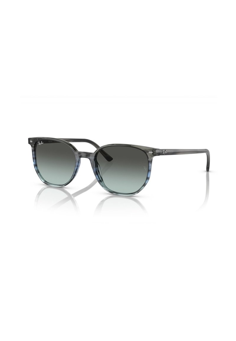 Occhiali da sole con gradiente grigio e blu, forma della lente rotonda, montatura trasparente e logo Ray-Ban discreto sui lati.