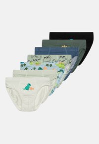 Sechs Paare Jungenunterwäsche in verschiedenen Farben: Weiß, Gr�ün, Blau, Marineblau und Schwarz. Mit Dinosaurierdruck und Mustern auf dem Stoff.