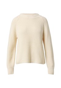 Cremfarbener Strickpullover mit Rundhalsausschnitt, überschnittenen Schultern, gerippten Bündchen und Saum. Verfügt über eine strukturierten Oberfläche und einen leicht lockeren Schnitt.