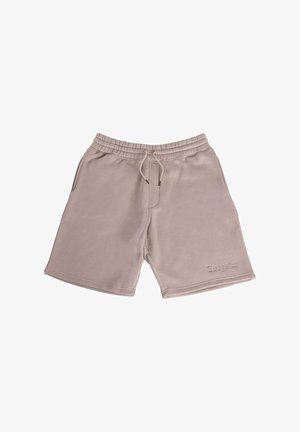 Beige sweatshorts lavet af blødt stof, med elastisk talje, snor, sidelommer og broderet logo detalje på kanten.