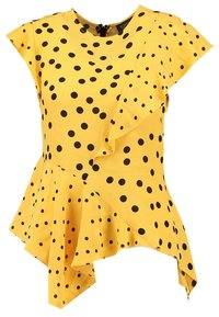 Žlutý peplum top s černými puntíky, krátkými rukávy, asymetrickým lemem a zadním zipem. Vyrobeno z lehkého materiálu.