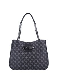 Sac à main noir à motifs avec une texture lisse, des bandoulières en métal décoratives et un élégant fermoir à l'avant.