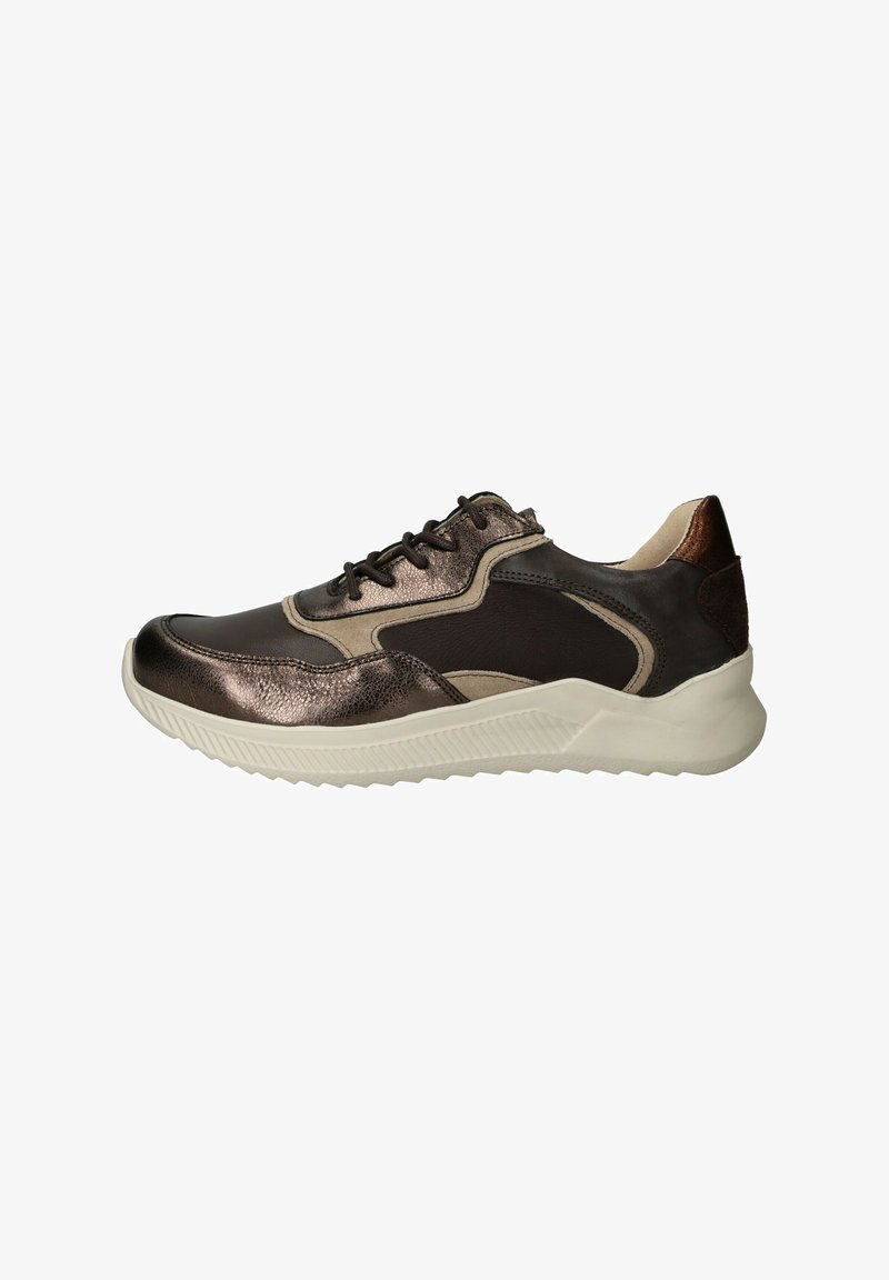 Metallische bronzen sneaker met zwarte leren accenten, gestructureerde oppervlakken en een witte rubberen zool. Voorzien van een vetersluiting en een contrasterende hakafwerking.