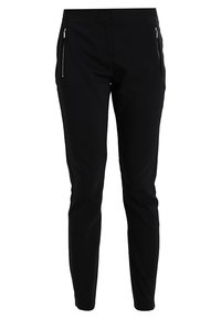 Pantalons noirs ajustés avec une texture lisse, comportant deux poches zippées à l'avant. Design tailleur avec une coupe fuselée.