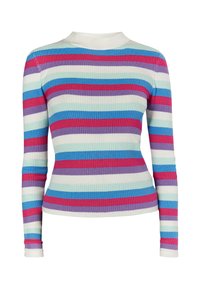 Maglia a maniche lunghe in maglia a coste con righe orizzontali nelle tonalità di blu, rosa, viola e bianco. Collo alto con design aderente.