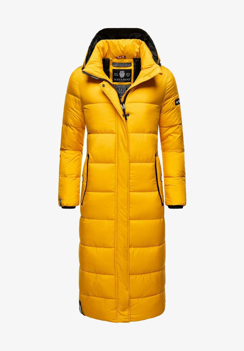 Yellow padded long coat with a hood, featuring a zip closure, two side pockets, and black accents on the zippers and cuffs.