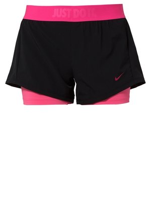 Pantalones cortos de correr Nike en negro y rosa con cinturilla rosa que dice "JUST DO IT" y pequeño logo de Nike en forma de swoosh rosa en la pierna.