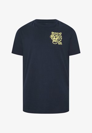 Marineblauw T-shirt met korte mouwen met een gele afbeelding van een tijgerkop met open bek en de initialen "BR" op de linkerborst.