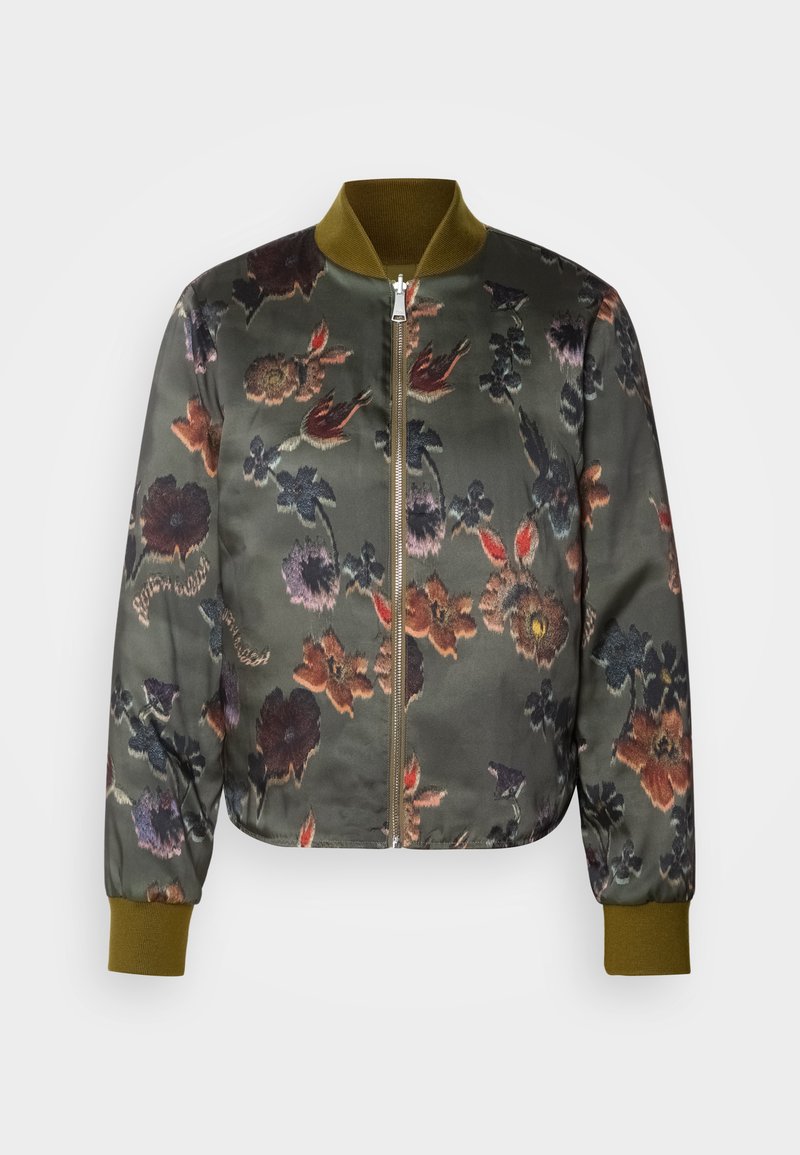 Veste bomber en satin à motif floral dans un vert foncé, avec fermeture éclair, bords-côtes aux poignets et au col, et une silhouette courte.