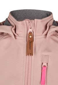 Pink jacket with a light gray interior. Features a front zipper, leather pull tab, and a small pink zippered pocket. Soft, textured fabric.