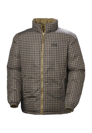 Heren gewatteerd jack met een zandkleurig en donkerbruin houndstooth-patroon, volledige ritssluiting aan de voorkant, elastische manchetten en hoge kraag.