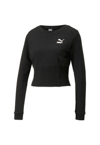 Felpa nera corta realizzata in morbido tessuto, con maniche lunghe e orlo a costine. Presenta un logo Puma bianco sulla parte sinistra del petto.