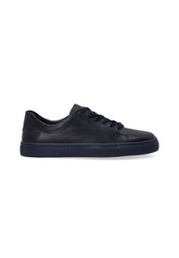 Navy blue leather low-top sneakers with flat laces, textured sides, rubber sole, and minimalistic design. Features subtle stitching detail.
