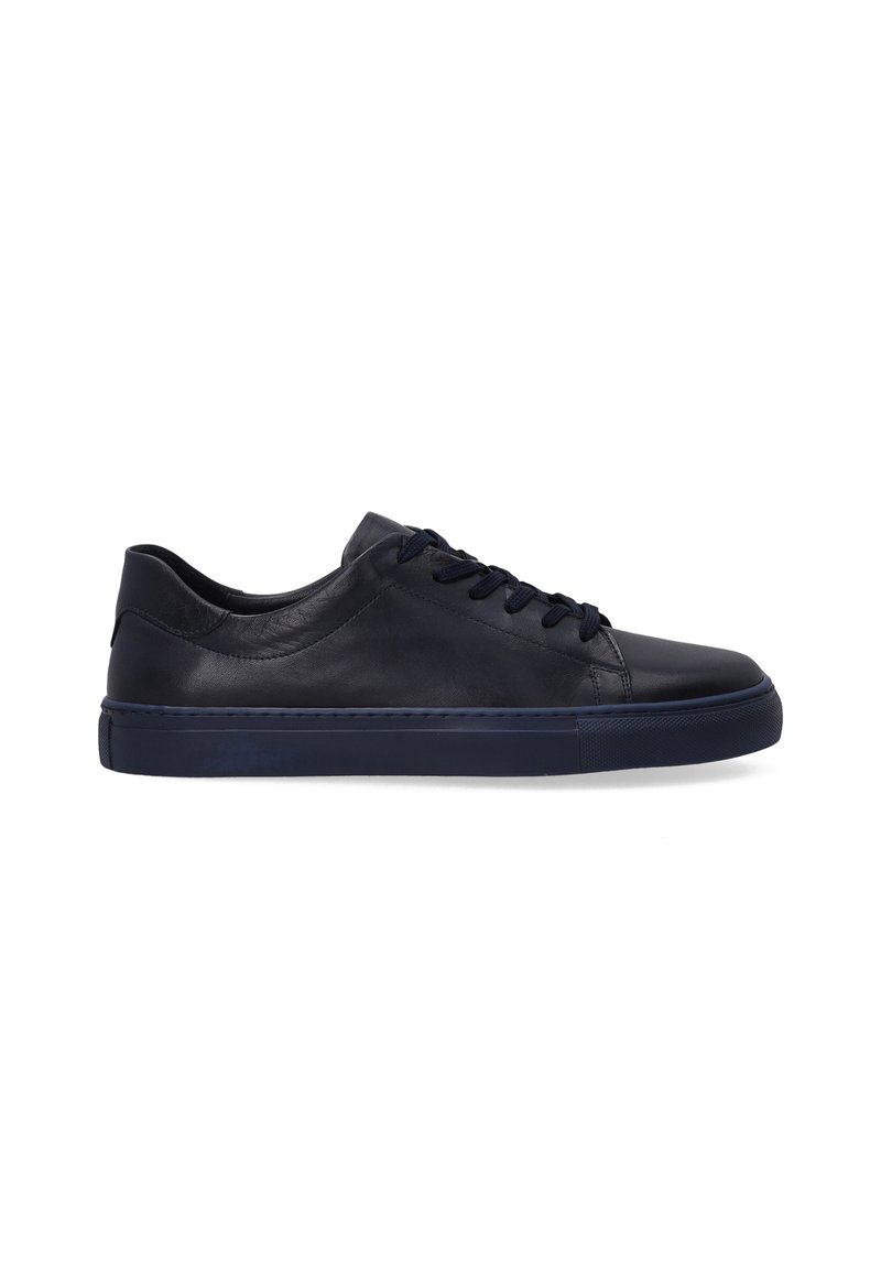 Navy blue leather low-top sneakers with flat laces, textured sides, rubber sole, and minimalistic design. Features subtle stitching detail.