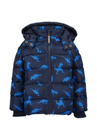 Marinblå pufferjacka med blå dinosaurustryck, huva, dragkedja och ribbade ärmslut. Designad för värme och komfort.