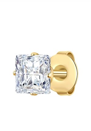 Gold stud earring featuring a large, clear, square-cut stone. Smooth metal finish with a simple design and secure backing.