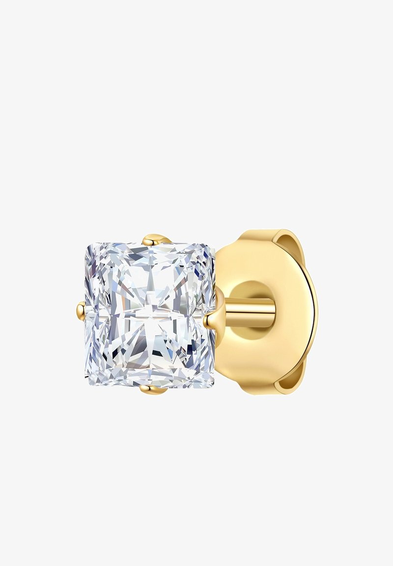 Guldstiftörhänge med en stor, klar, fyrkantig sten. Slät metallfinish med en enkel design och säker baksida.