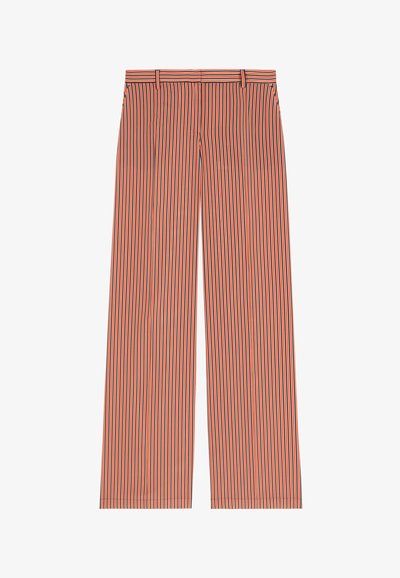 Hoge taille wijd gesneden broek met verticale rode, zwarte en witte strepen, riemlussen en een platte sluiting aan de voorkant.