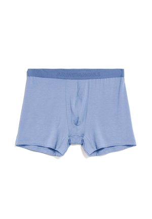 Lichtblauwe katoenen boxershorts met een zachte tailleband, voorzien van een voorzakje en zonder patronen. Het materiaal ziet er glad en elastisch uit.