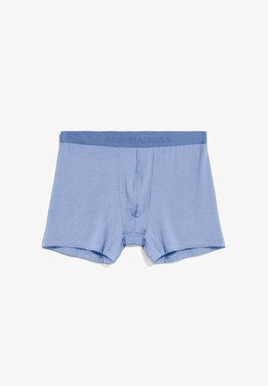 Lichtblauwe katoenen boxershorts met een zachte tailleband, voorzien van een voorzakje en zonder patronen. Het materiaal ziet er glad en elastisch uit.