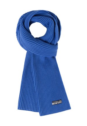Blue ribbed knit scarf with a prominent texture and a label attached. The ends are straight-cut, suitable for casual wear.