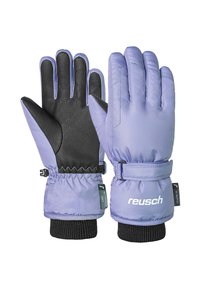 Vihreät talvihanskat, joissa on musta nahkainen kämmen, joustava ranneosa, säädettävä hihna ja brändätyt tekstiiliaccentit. Pehmeä, eristetty materiaali.