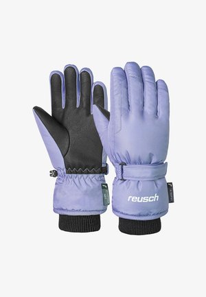 Gants d'hiver violets avec paume en cuir noir, poignet élastique, strap ajustable et accents en textile de marque. Matériau doux et isolant.